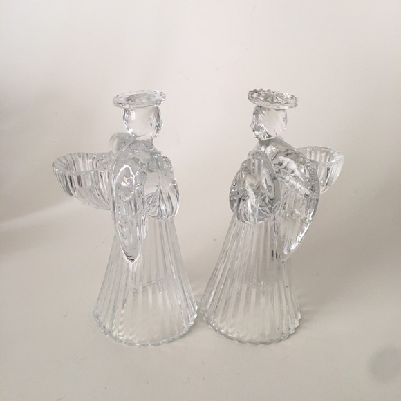 Avon Vintage 24% Lead Crystal Glass Praying Angels Candle Holders Set 7" Holiday - Picture 3 of 16